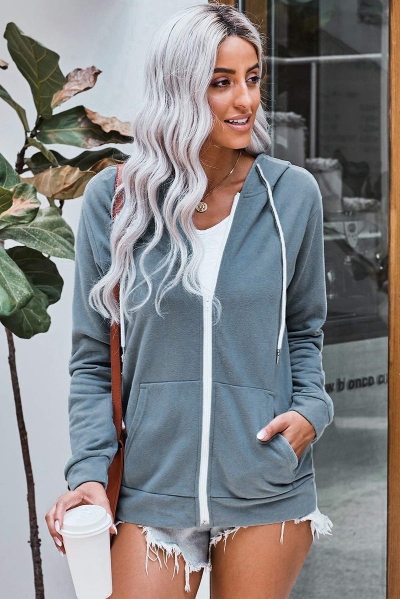 WROLEM Women Casual Zip Up Hoodie Lightweight Comfy Loose Long Sleeve Sweatshirt Solid Color With Pockets Grey - Image 4